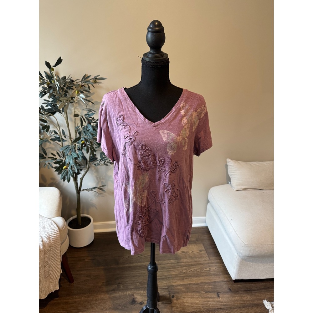 Sonoma Life Style Mauve Cotton V-Neck Butterfly Floral Embroidered Tee XL